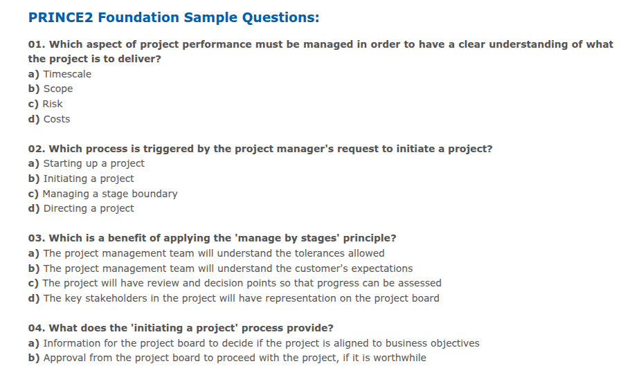 PRINCE2 Foundation and Practitioner exam structure showing question format pass mark and time limit